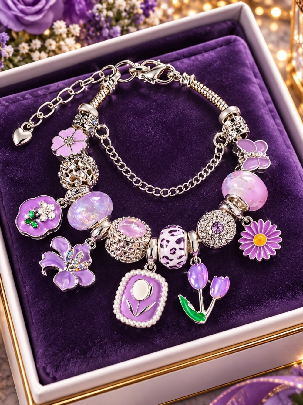 Purple Floral Charm Bracelet - Women's Jewelry
